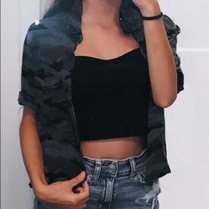 camo cropped button up